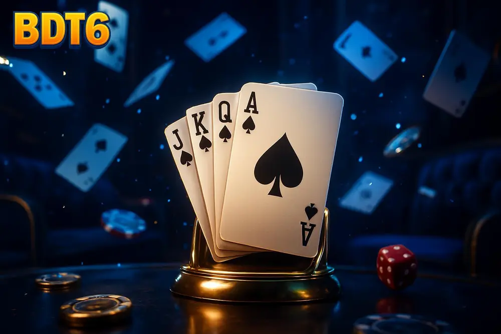 BDT6 Bangladesh โ fanned royal flush cards in a neon lit lounge BDT6 Bangladesh โ fanned royal flush cards in a neon lit lounge