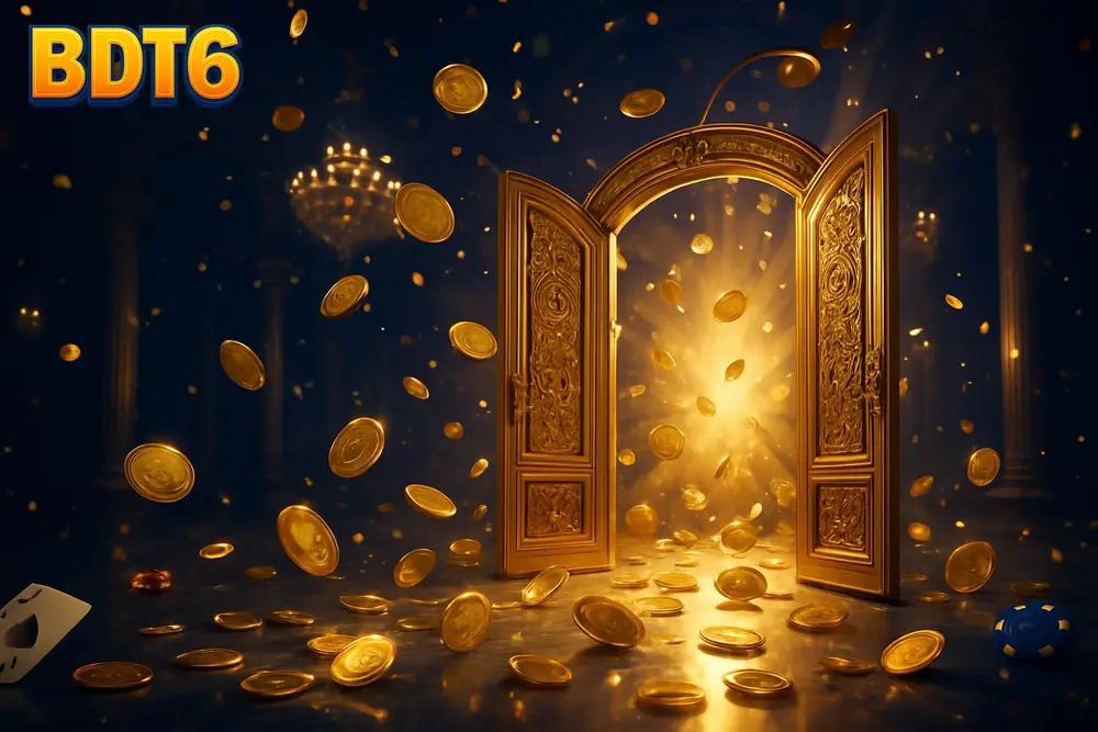 BDT6 Bangladesh โ golden doors opening in a marble casino hall with coins BDT6 Bangladesh โ golden doors opening in a marble casino hall with coins